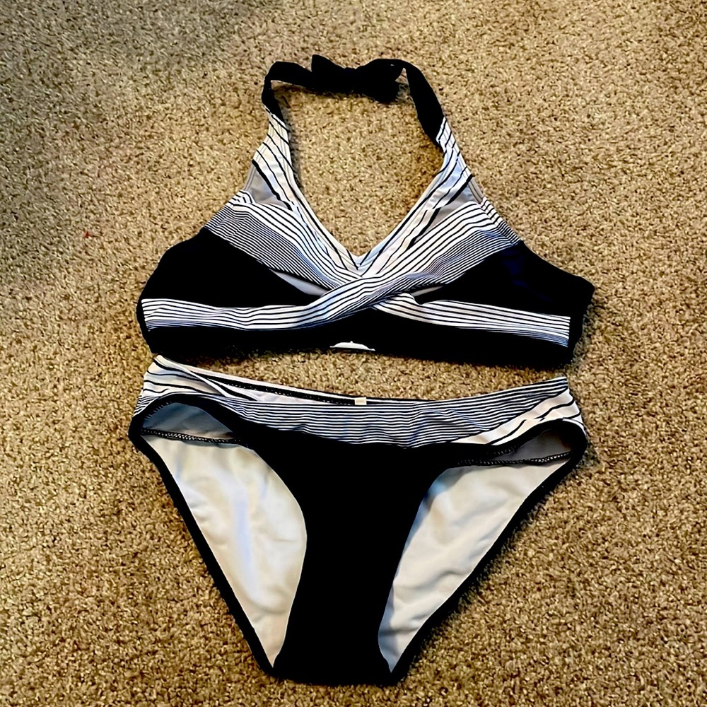 Size Medium. Blue/White. Very comfortable.